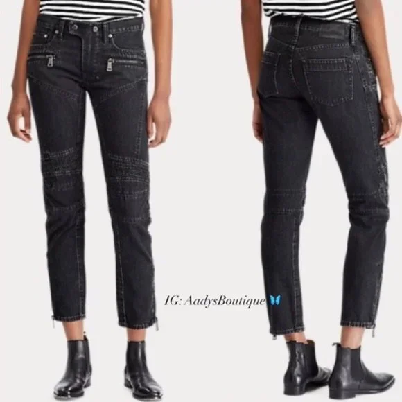 Polo Ralph Lauren Moto Jeans Black Ankle Cropped Size 26R New w/Tag